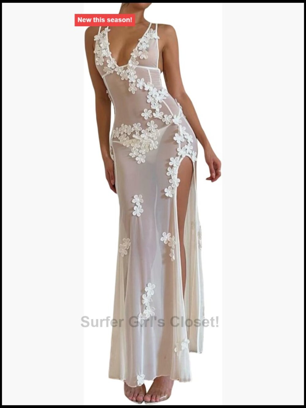 Sheer Lace Maxi Dress Bodycon Backless Halter High Slit Beach Cover Up Party